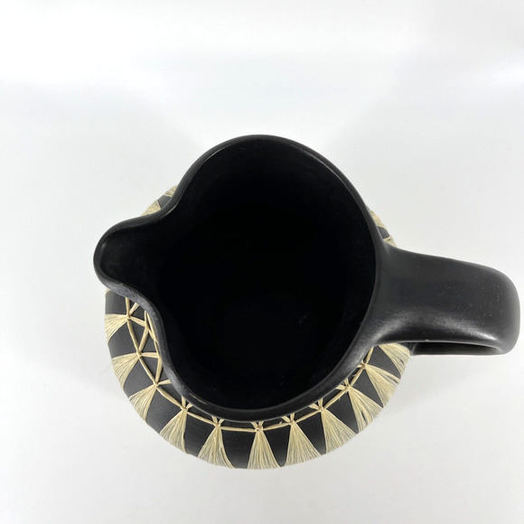 Vintage GMUNDNER KERAMIK Black Stoneware Pitcher Wrapped in Raffia Tribal - Picture 2 of 16